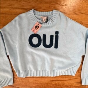 SINCERELY JULES CROPPED small Casual Blue Crew Neck Sweater with Bold Text NWT